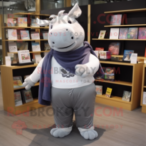 Gray Rhinoceros mascot costume character dressed with a Oxford Shirt and Scarf clips
