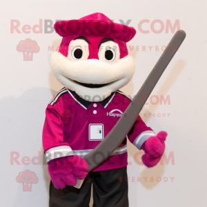 Magenta Ice Hockey Stick mascot costume character dressed with a Button-Up Shirt and Hair clips