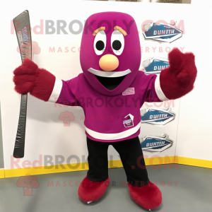 Magenta Ice Hockey Stick mascot costume character dressed with a Button-Up Shirt and Hair clips