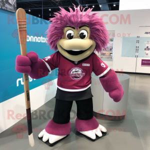 Magenta Ice Hockey Stick mascot costume character dressed with a Button-Up Shirt and Hair clips