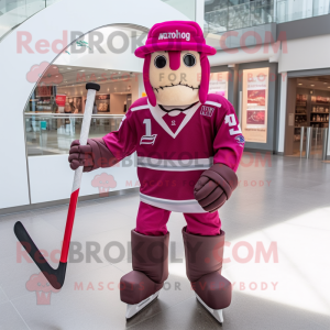 Magenta Ice Hockey Stick mascot costume character dressed with a Button-Up Shirt and Hair clips