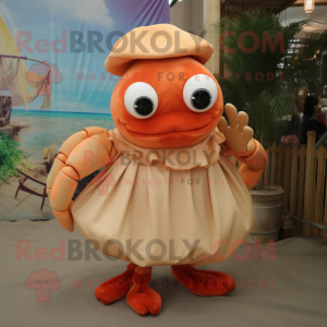 Peach Hermit Crab mascot costume character dressed with a Empire Waist Dress and Suspenders