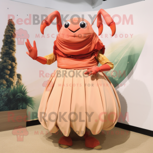 Peach Hermit Crab mascot costume character dressed with a Empire Waist Dress and Suspenders