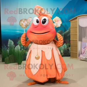 Peach Hermit Crab mascot costume character dressed with a Empire Waist Dress and Suspenders