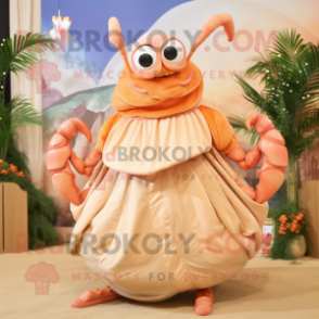 Peach Hermit Crab mascot costume character dressed with a Empire Waist Dress and Suspenders