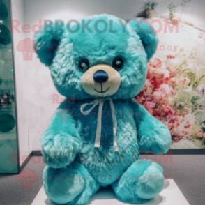 Cyan Teddy Bear mascot costume character dressed with a Cover-up and Hairpins