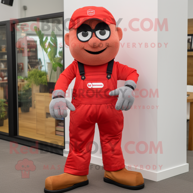 Red Wrist Watch mascot costume character dressed with a Dungarees and Wraps