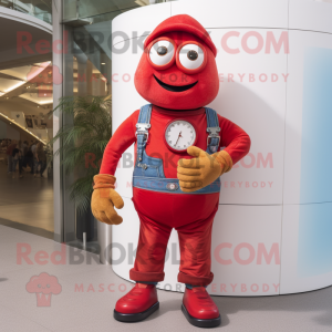 Red Wrist Watch mascot costume character dressed with a Dungarees and Wraps