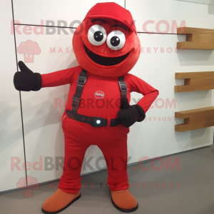 Red Wrist Watch mascot costume character dressed with a Dungarees and Wraps