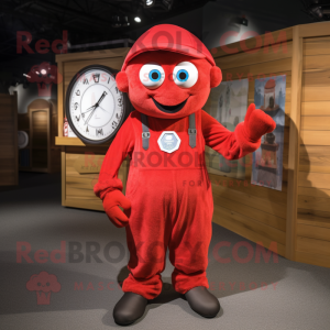 Red Wrist Watch mascot costume character dressed with a Dungarees and Wraps