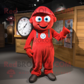Red Wrist Watch mascot costume character dressed with a Dungarees and Wraps