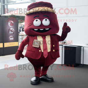 Maroon Burgers mascot costume character dressed with a Suit Jacket and Messenger bags