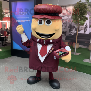 Maroon Burgers mascot costume character dressed with a Suit Jacket and Messenger bags