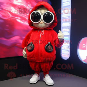Red Oyster mascot costume character dressed with a Hoodie and Digital watches