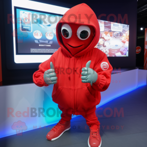 Red Oyster mascot costume character dressed with a Hoodie and Digital watches