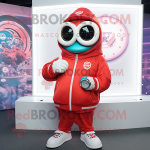 Red Oyster mascot costume character dressed with a Hoodie and Digital watches