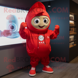 Red Oyster mascot costume character dressed with a Hoodie and Digital watches