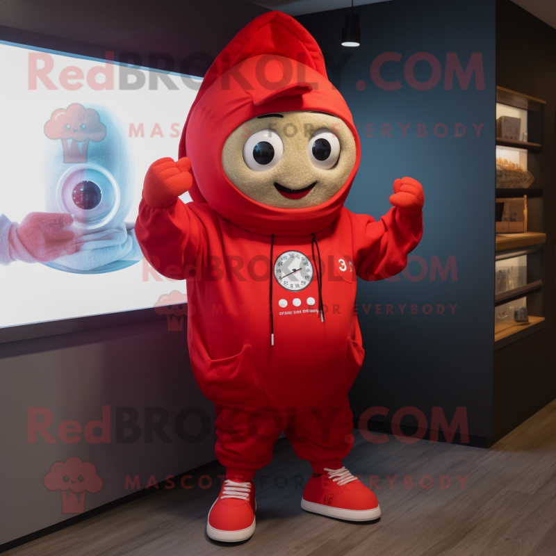 Red Oyster mascot costume character dressed with a Hoodie and Digital watches Red Oyster mascot costume character dressed with a Hoodie and Digital watches