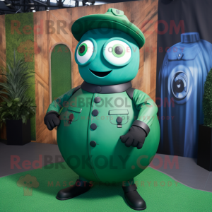 Forest Green Human Cannon Ball mascot costume character dressed with a Coat and Suspenders