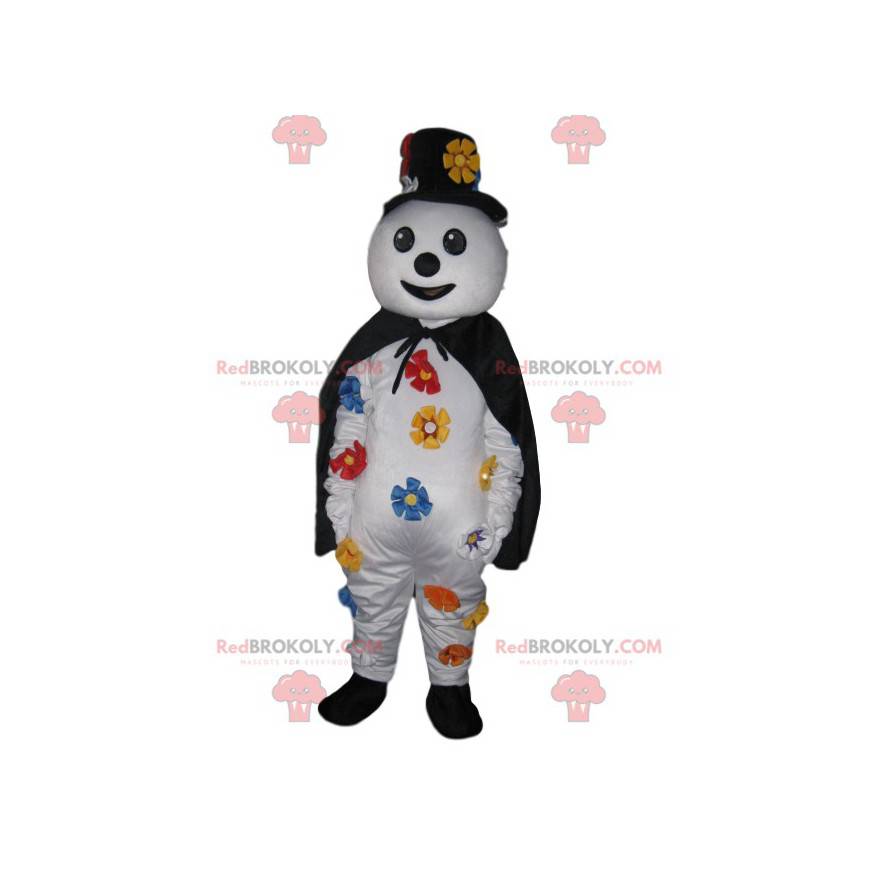 Snowman maskot med en svart hatt och en cape - Redbrokoly.com