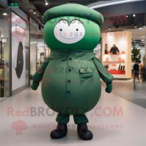 Forest Green Human Cannon Ball mascot costume character dressed with a Coat and Suspenders