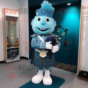 Sky Blue Bagpipe mascot costume character dressed with a Polo Tee and Tie pins