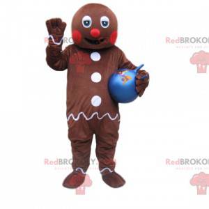 Gingerbread man mascot with a blue balloon - Redbrokoly.com