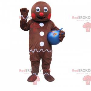 Mascote do homem-biscoito com um balão azul - Redbrokoly.com