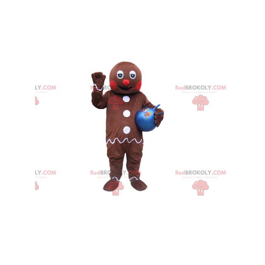 Lebkuchenmann-Maskottchen mit einem blauen Ballon -