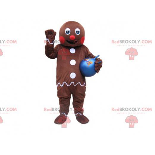 Mascota del hombre de pan de jengibre con un globo azul -