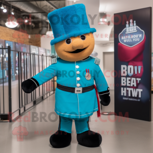 Teal British Royal Guard mascot costume character dressed with a Bomber Jacket and Hat pins