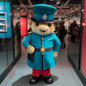 Teal British Royal Guard mascot costume character dressed with a Bomber Jacket and Hat pins