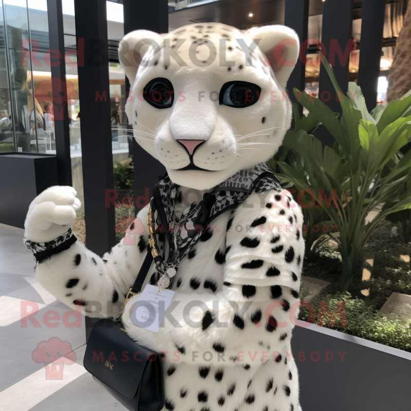 White Leopard mascot costume character dressed with a Henley Shirt and Handbags