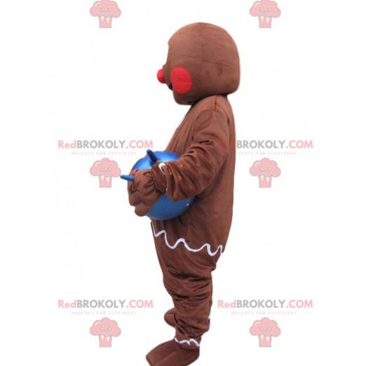 Mascote do homem-biscoito com um balão azul - Redbrokoly.com