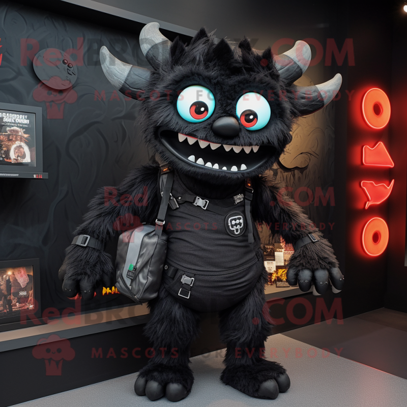 Black Demon mascot costume character dressed with a Midi Dress and Backpacks Black Demon mascot costume character dressed with a Midi Dress and Backpacks