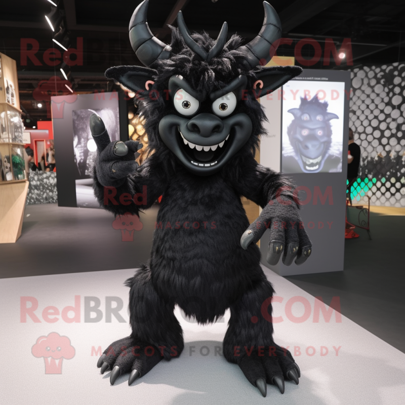 Black Demon mascot costume character dressed with a Midi Dress and Backpacks Black Demon mascot costume character dressed with a Midi Dress and Backpacks