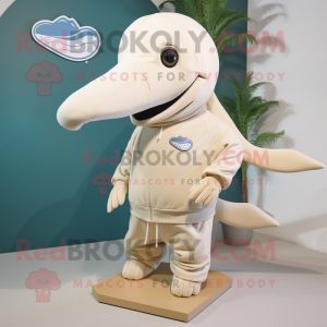 Beige Humpback Whale mascot costume character dressed with a Sweatshirt and Lapel pins