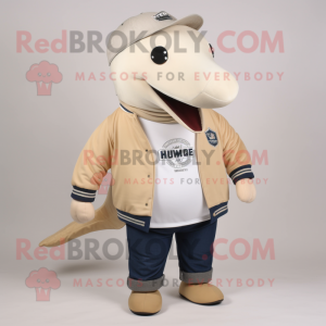 Beige Humpback Whale mascot costume character dressed with a Sweatshirt and Lapel pins
