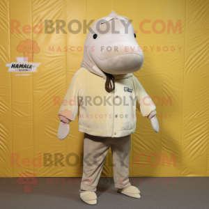 Beige Humpback Whale mascot costume character dressed with a Sweatshirt and Lapel pins
