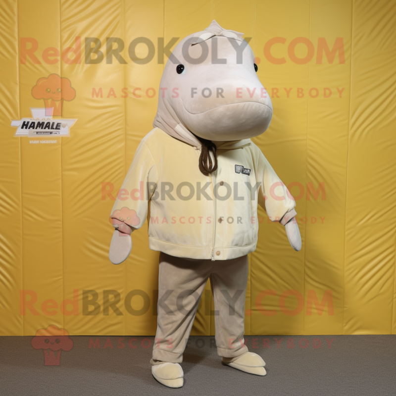 Beige Humpback Whale mascot costume character dressed with a Sweatshirt and Lapel pins