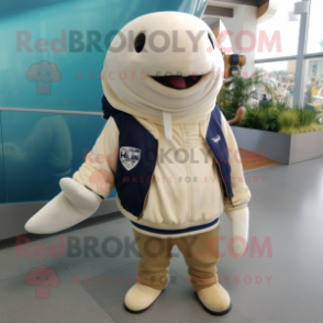 Beige Humpback Whale mascot costume character dressed with a Sweatshirt and Lapel pins