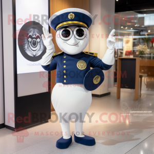 Navy Plate Spinner mascot costume character dressed with a Bodysuit and Clutch bags