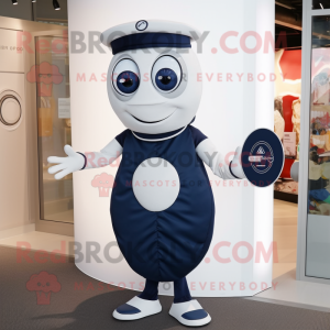 Navy Plate Spinner mascot costume character dressed with a Bodysuit and Clutch bags