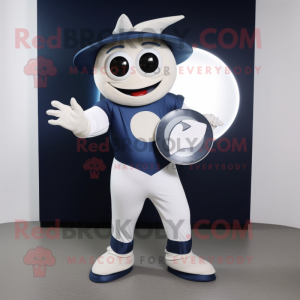 Navy Plate Spinner mascot costume character dressed with a Bodysuit and Clutch bags