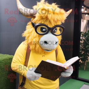 Lemon Yellow Yak mascot costume character dressed with a Oxford Shirt and Reading glasses