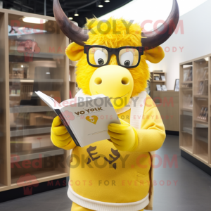 Lemon Yellow Yak mascot costume character dressed with a Oxford Shirt and Reading glasses