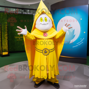 Lemon Yellow Wizard mascot costume character dressed with a Long Sleeve Tee and Bracelets