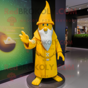 Lemon Yellow Wizard mascot costume character dressed with a Long Sleeve Tee and Bracelets