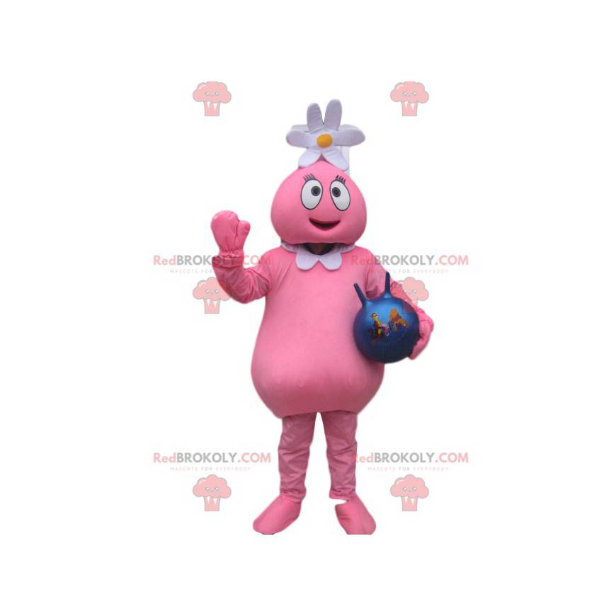 Pink karakter maskot med en blomst på hovedet og en ballon - Pink karakter maskot med en blomst på hovedet og en ballon -