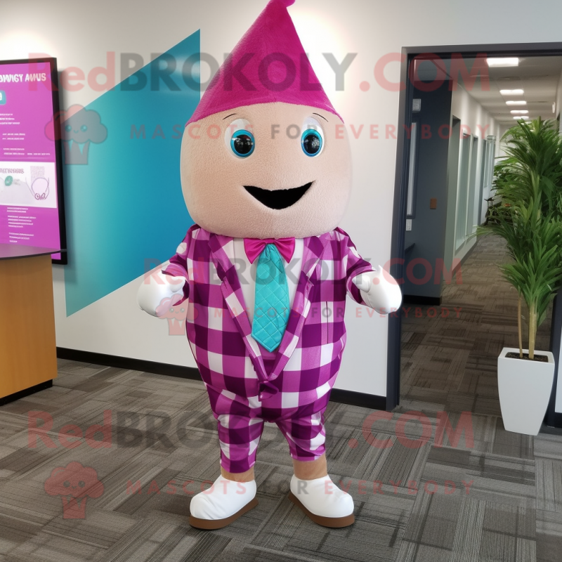 Magenta Ice Cream Cone mascot costume character dressed with a Flannel Shirt and Tie pins Magenta Ice Cream Cone mascot costume character dressed with a Flannel Shirt and Tie pins